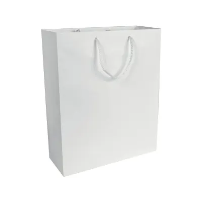 Pungă promoțională de cumpărături din hârtie laminată mată de 157 g/m², cu pliu lateral și întărire la bază din paper
