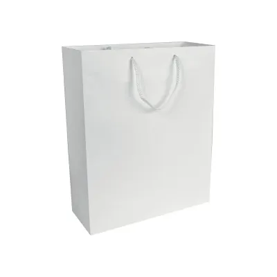Pungă promoțională de cumpărături din hârtie laminată mată de 157 g/m², cu pliu lateral și întărire la bază din paper