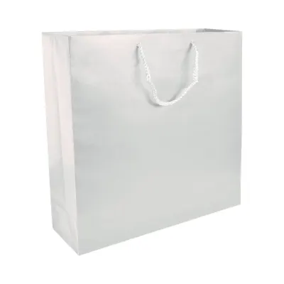 Pungă promoțională de cumpărături din hârtie laminată mată de 157 g/m², cu pliu lateral și întărire la bază