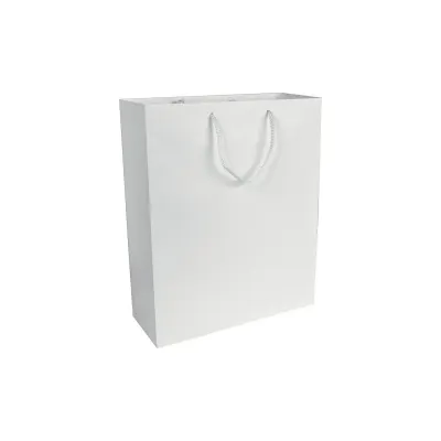 Pungă promoțională de cumpărături din hârtie laminată mată de 157 g/m², cu pliu lateral și întărire la bază din paper